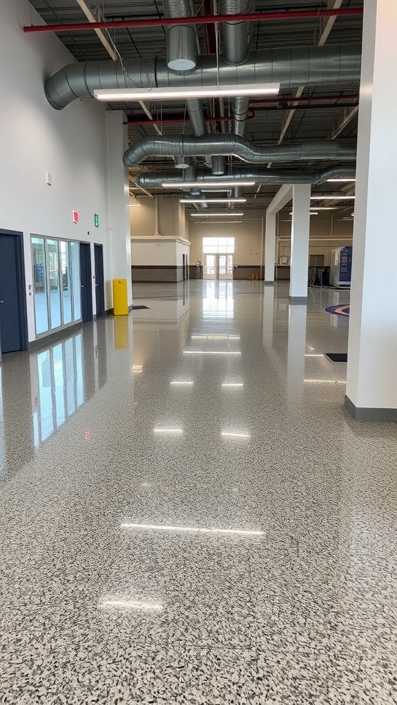 A shiny, red epoxy floor in a well-lit corridor with doors on either side.