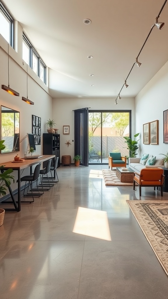 A modern living space featuring polished concrete flooring with natural light flooding in.