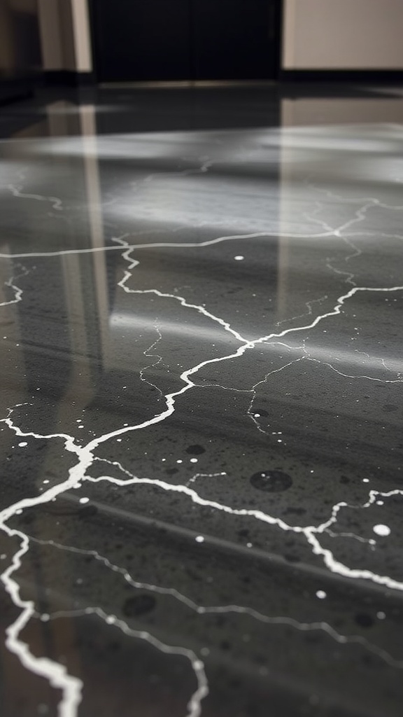 Epoxy flooring with an intricate black and white pattern in a spacious entryway.