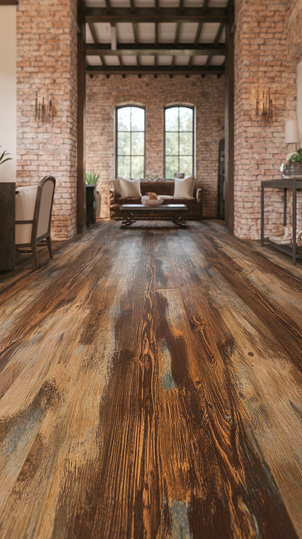 Interior space featuring wood grain epoxy floors that resemble hardwood.