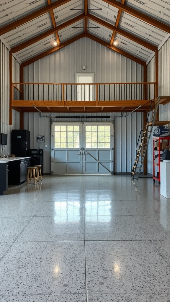 Interior of a modern barn-style garage with epoxy flooring, featuring a loft and large windows.