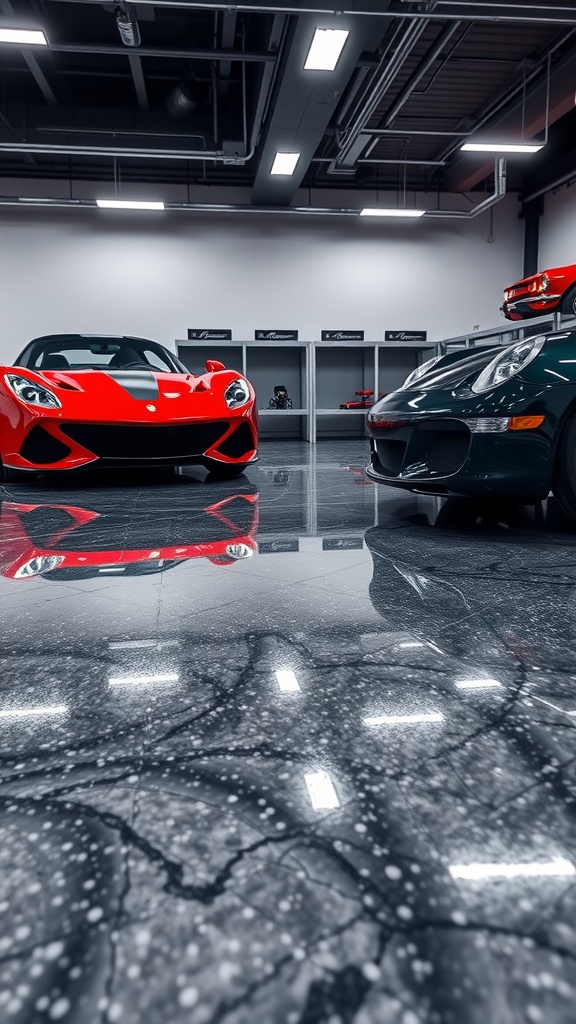 Stylish garage with luxury cars and a reflective epoxy floor