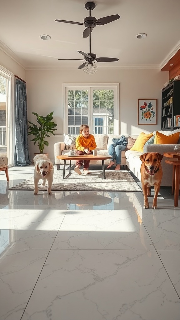 A bright living room with epoxy flooring, featuring two dogs and a cozy seating area.