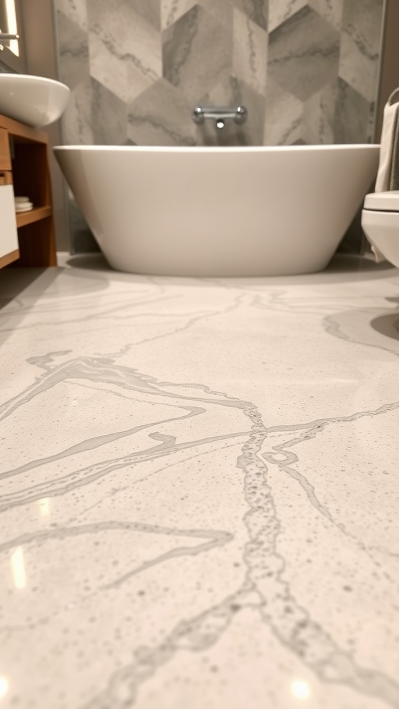 Modern bathroom with epoxy flooring showcasing a sleek design and elegant patterns.