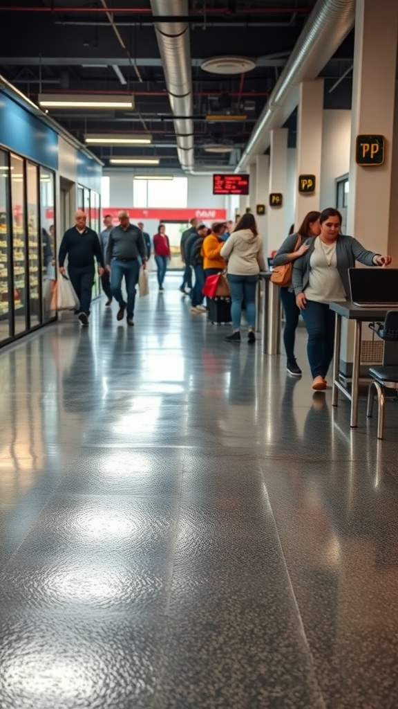 A busy hallway with people walking on a shiny metallic epoxy floor.