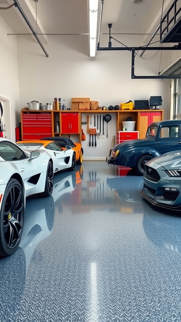 Spacious area with a glossy epoxy floor and visible yellow line markings.