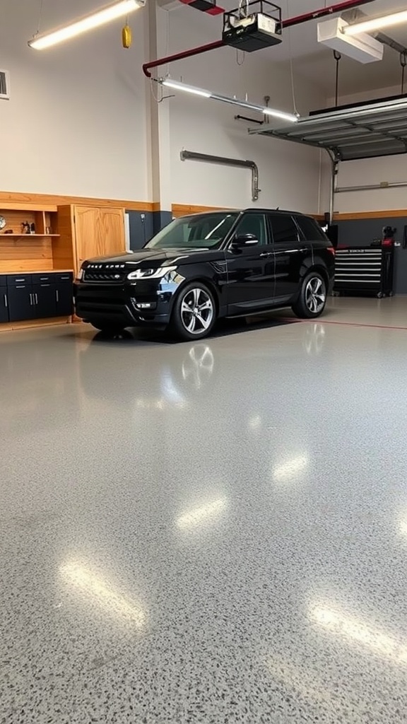 A garage with a speckled epoxy floor and a black vehicle parked inside.