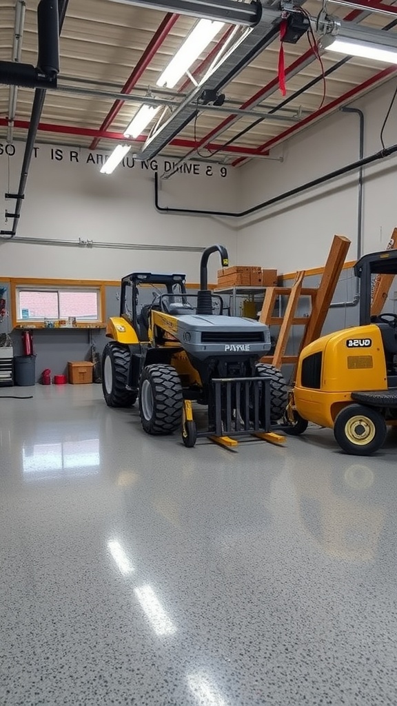 A garage featuring heavy machinery on a shiny epoxy floor, demonstrating durability under heavy loads.