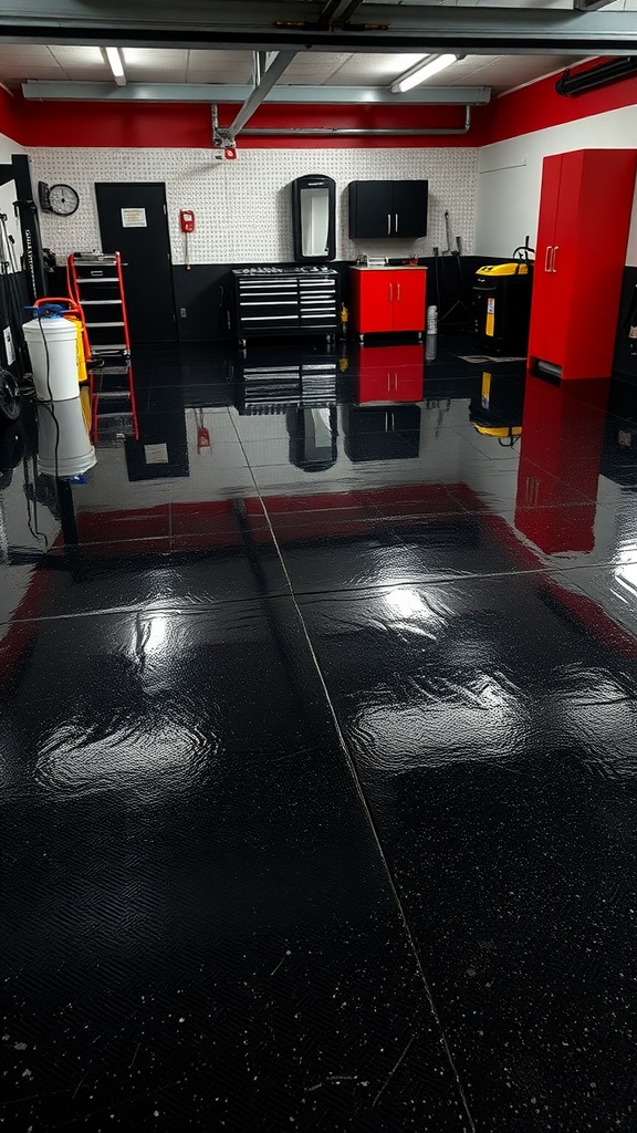 A modern garage featuring a glossy black epoxy floor, red cabinets, and bright lighting, showcasing a stylish and durable finish.