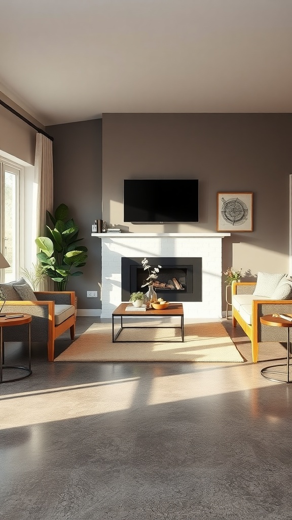 A modern living room featuring epoxy floors, cozy seating, and natural light.