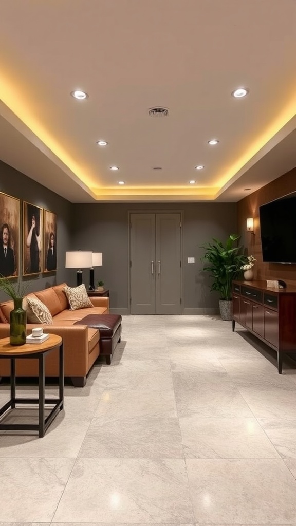 A spacious basement with a glossy epoxy floor that reflects light.