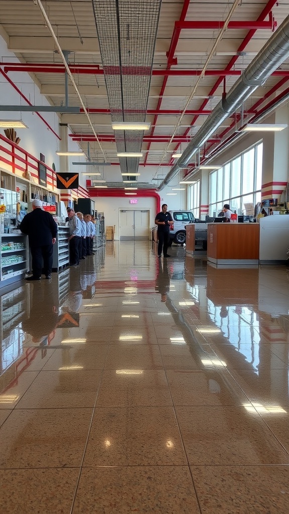 Colorful epoxy flooring in a modern business hallway