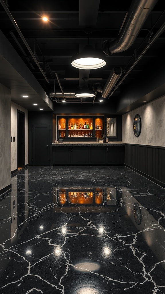 Stylish modern basement with black epoxy floor and bar area