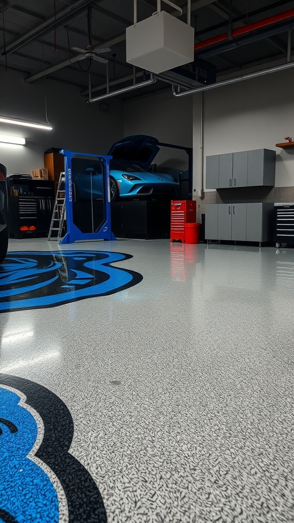 A stylish garage with black and blue epoxy flooring, showcasing a clean and modern design.