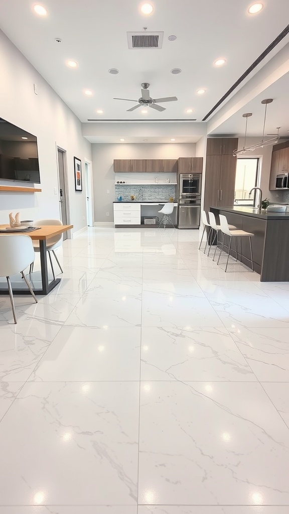 A modern kitchen interior showcasing sleek white and grey epoxy flooring, emphasizing style and durability.