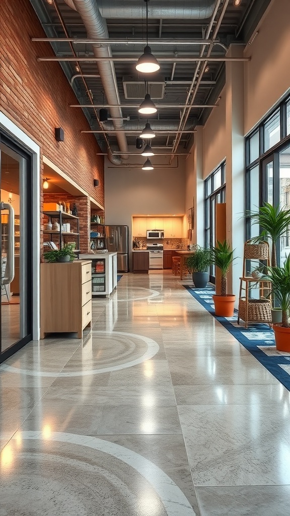 A modern commercial space featuring stylish epoxy floors with unique patterns, showcasing a blend of aesthetics and durability.