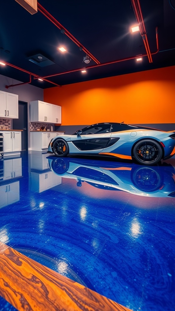 A modern garage with a dark blue epoxy floor, orange walls, and a sleek car.