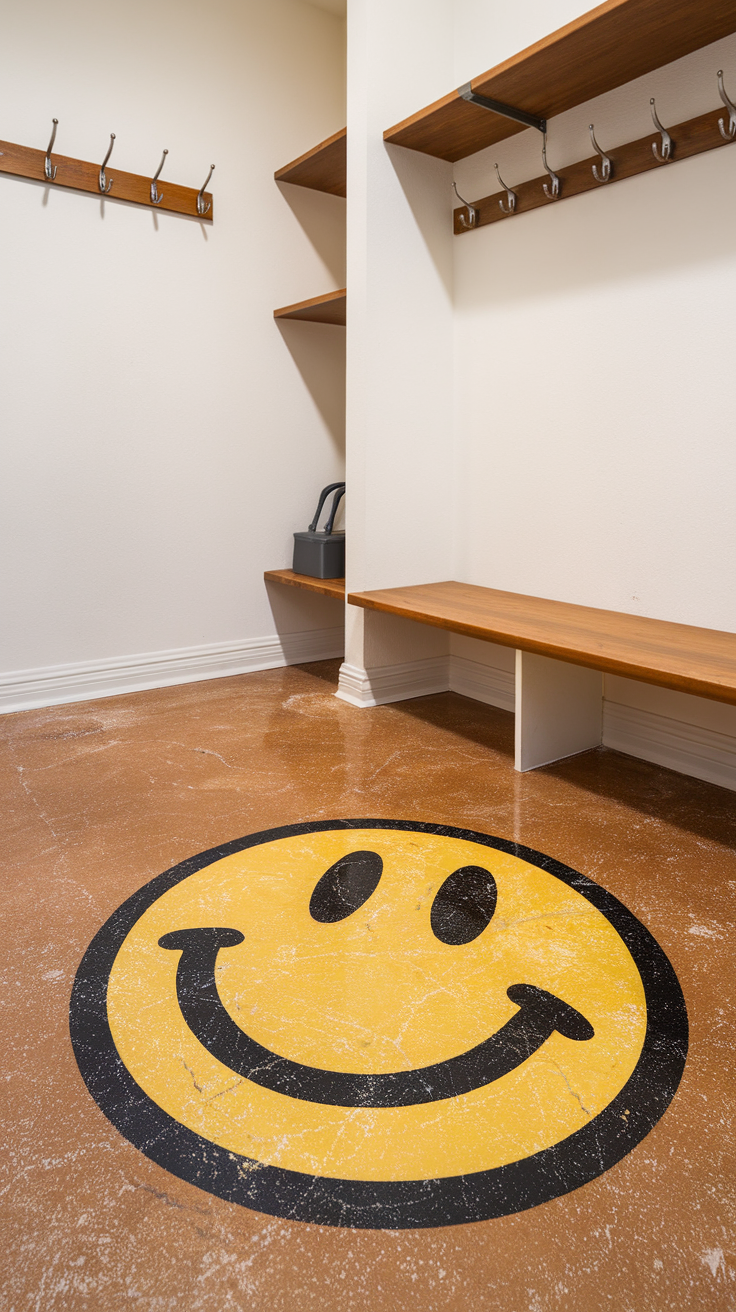An entryway with a smiley face epoxy floor and wooden benches.