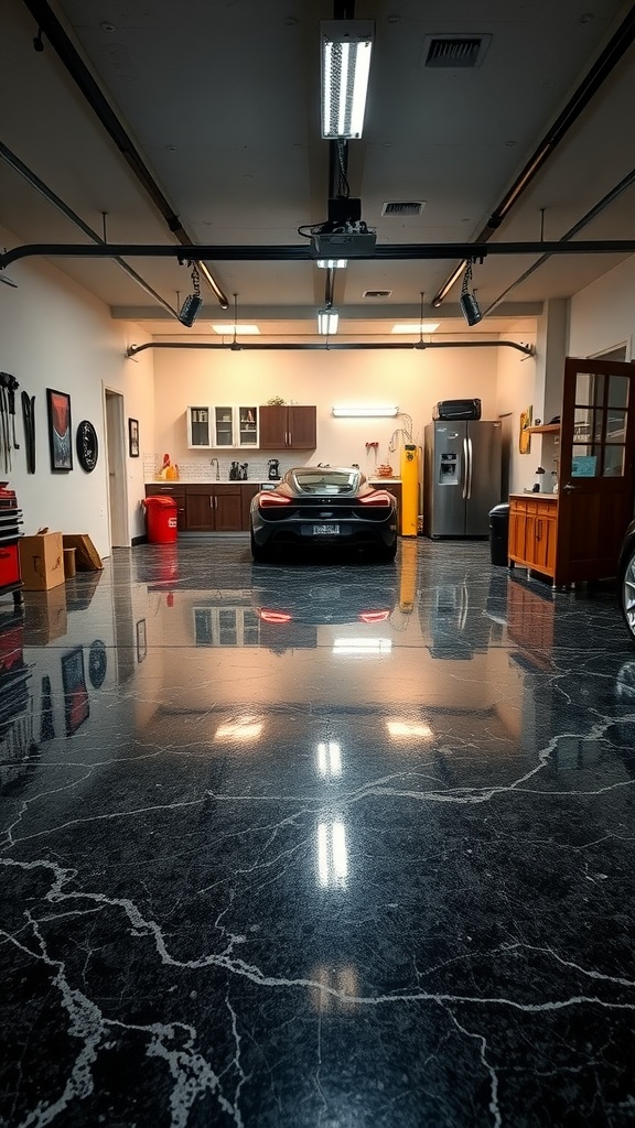 A sleek garage with a polished epoxy floor, showcasing a modern design and a luxury car.