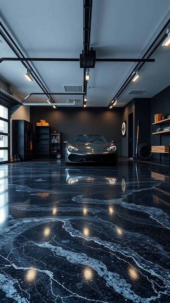 A modern garage with a black marble epoxy floor, featuring a sleek car and stylish lighting.
