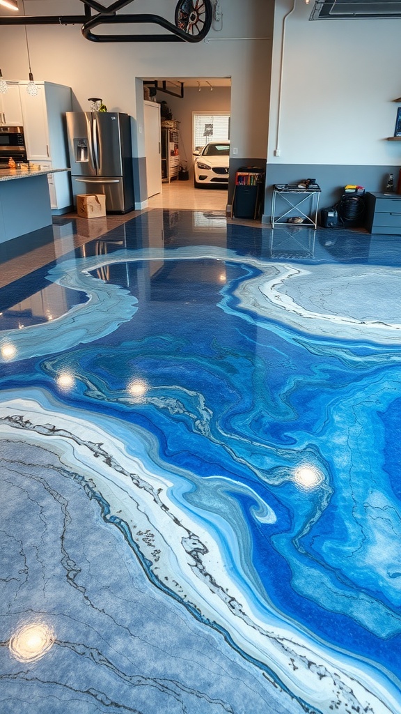An innovative epoxy floor design showcasing blue and white swirls, perfect for high-traffic areas.