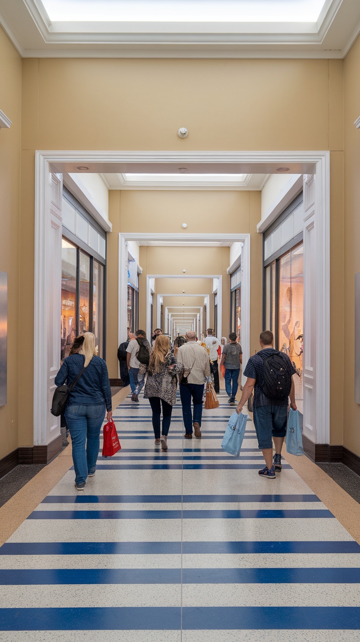 A busy shopping mall with a polished, white and grey epoxy floor.