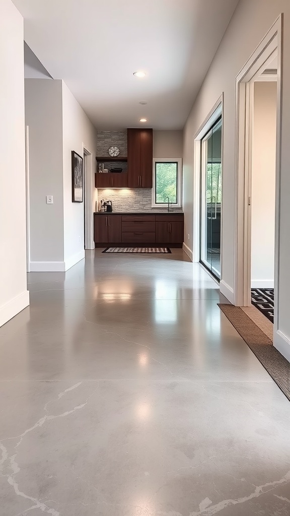 A modern hallway with polished concrete flooring leading to a kitchen area.