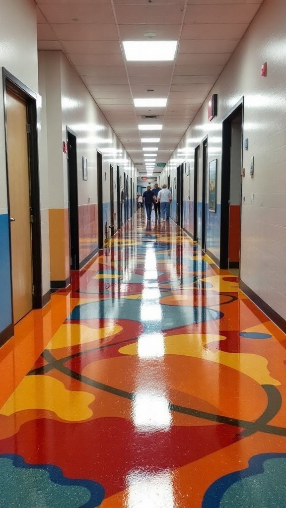 Colorful epoxy floor in a hallway, showcasing a modern and vibrant finish.