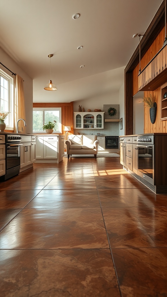 A beautifully designed kitchen with brown epoxy flooring, showcasing a blend of rustic charm and modern durability.