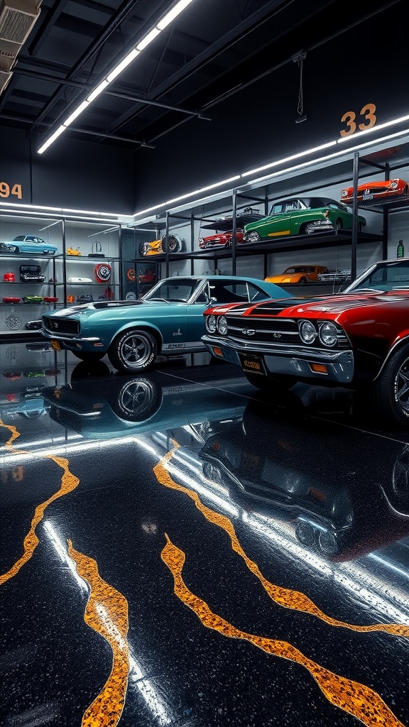 A workshop area featuring a light grey epoxy floor, with storage and workspace equipment.