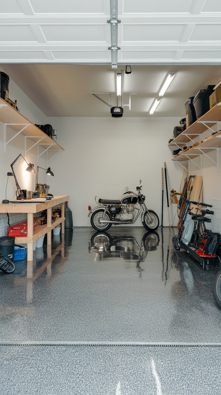 A modern garage with a shiny epoxy floor, motorcycle, and organized shelving.