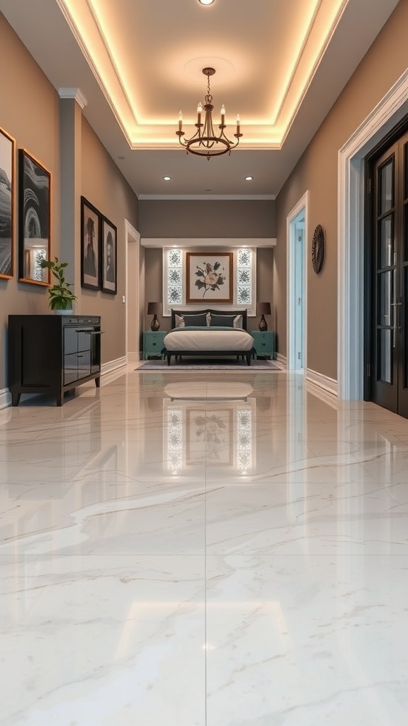 A polished resin floor in a modern hallway with elegant decor and lighting.