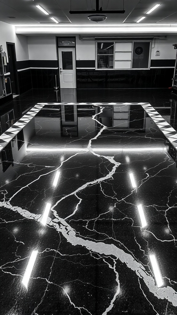 A black marble epoxy floor with white veining, reflecting light from overhead fixtures.