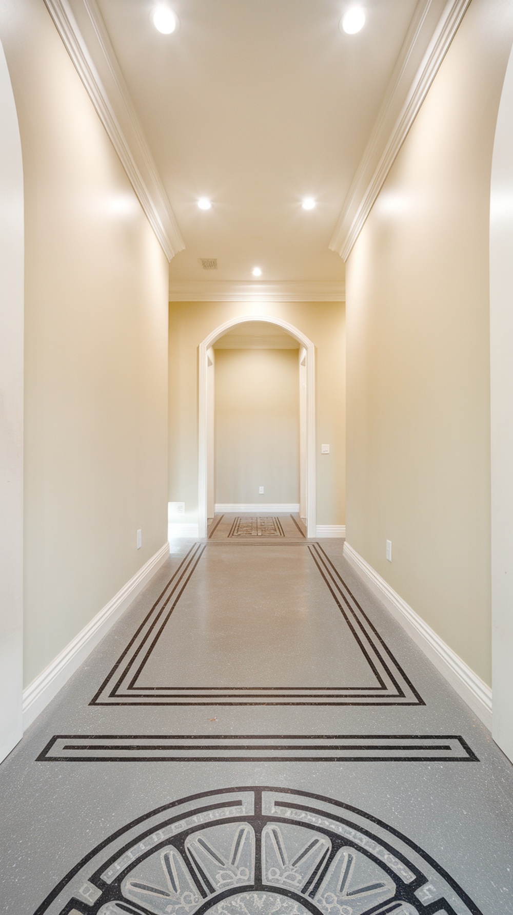 A beautifully designed hallway featuring a durable epoxy floor with intricate patterns.