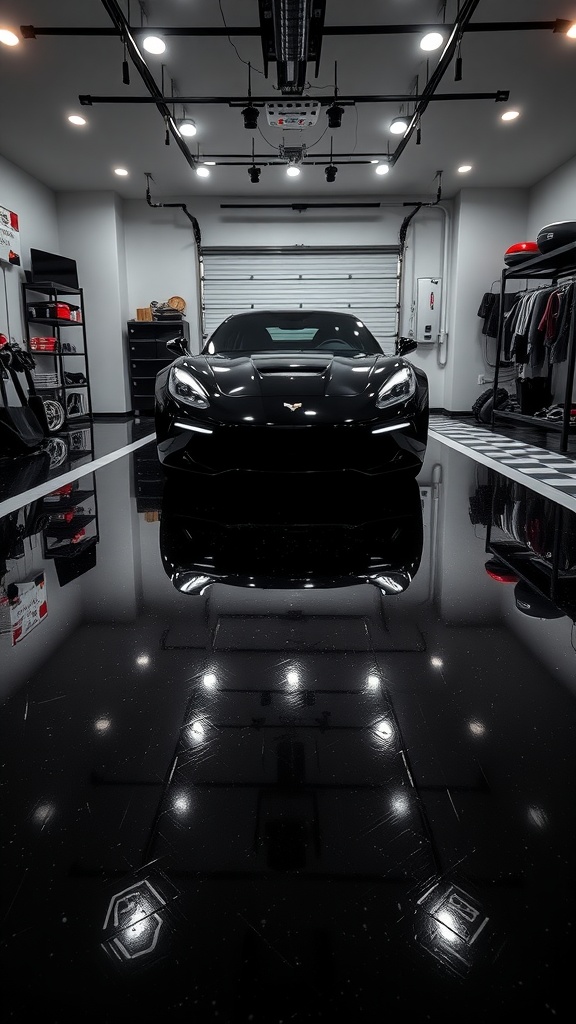 A black epoxy garage floor with a sleek luxury car, showcasing high-gloss finishes.