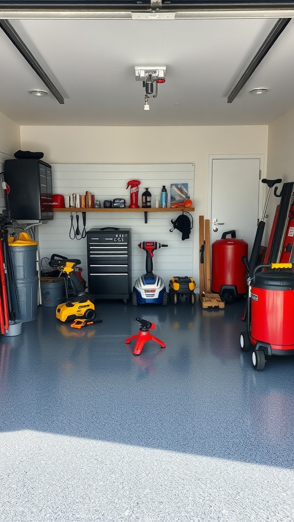 A neatly organized garage with high-gloss epoxy flooring and various tools.