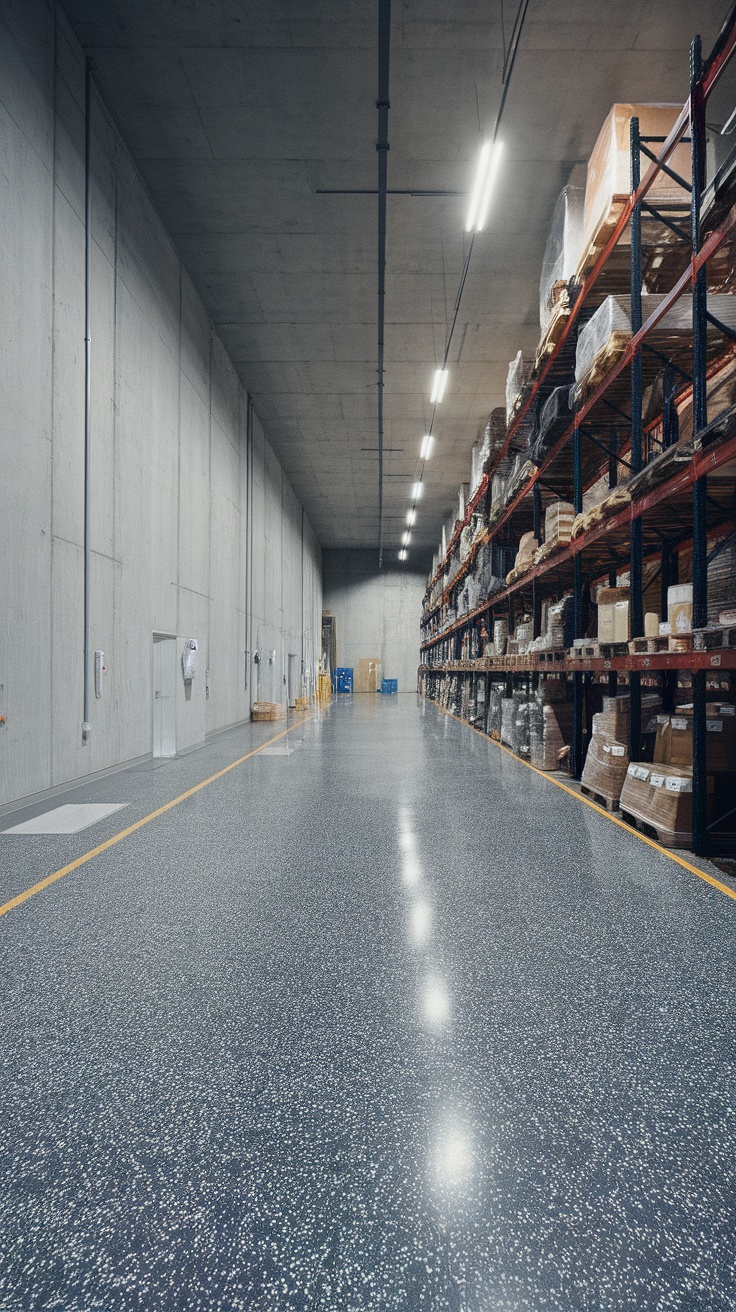 A wide industrial space featuring a glossy epoxy flake floor with shelves stacked with goods.