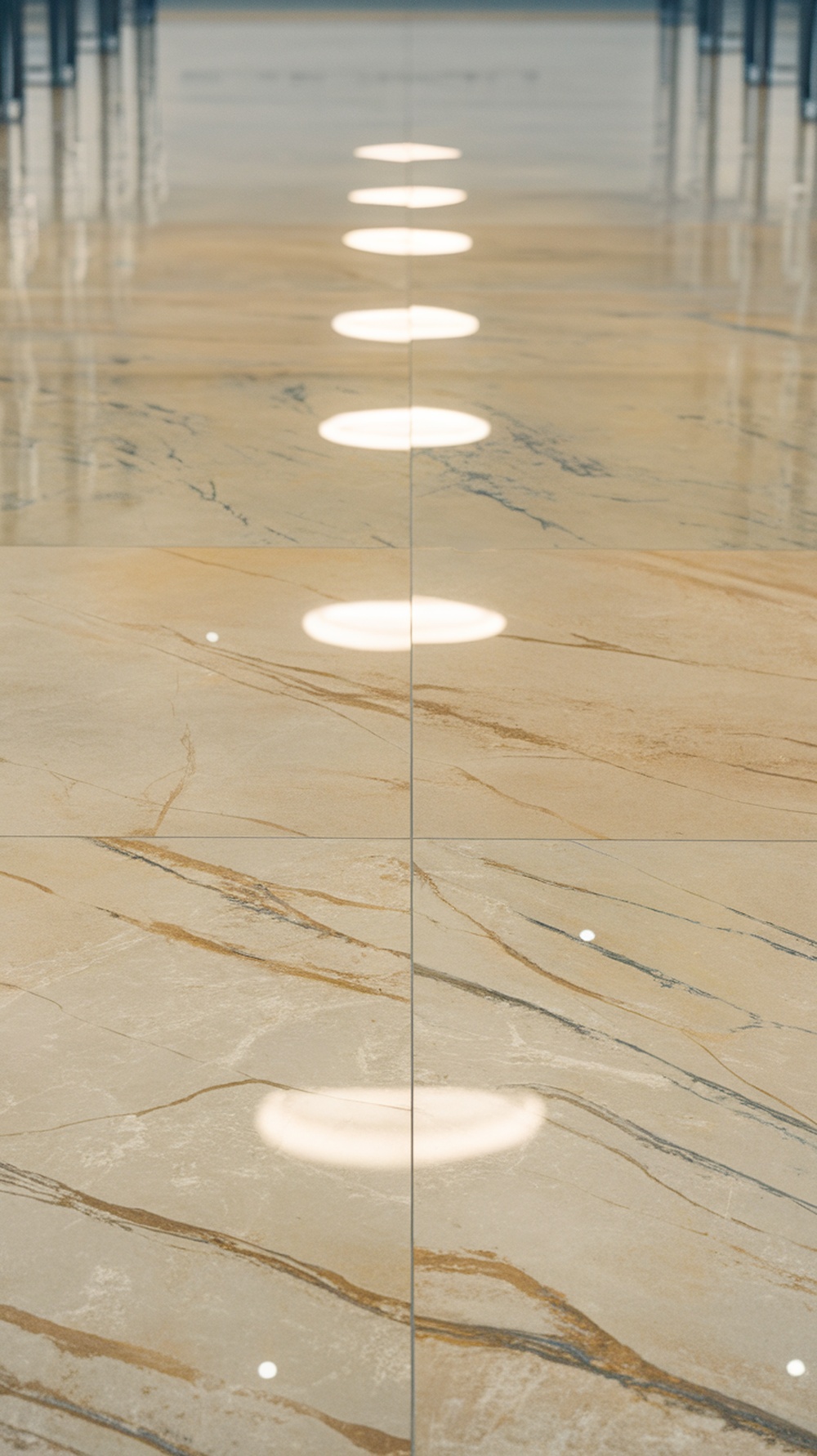 A polished epoxy floor with a marble look and reflective lighting.