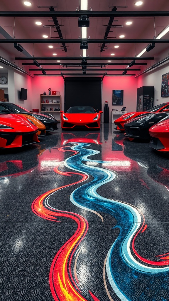 A sleek garage with a 3D epoxy floor featuring a river design, surrounded by luxury cars.