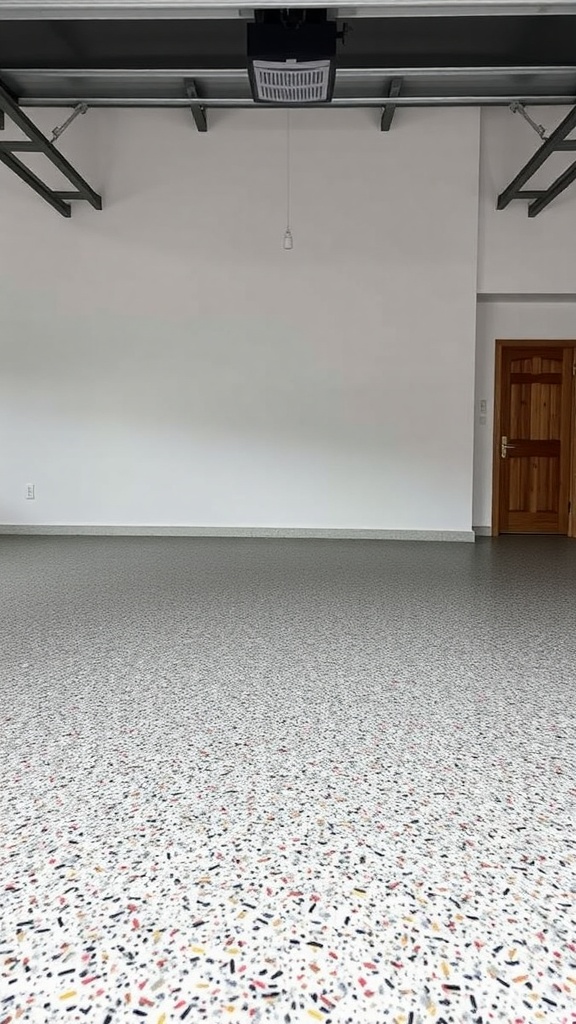 A stylish garage floor with a multi-color flake finish, featuring a light gray base with colorful flakes.
