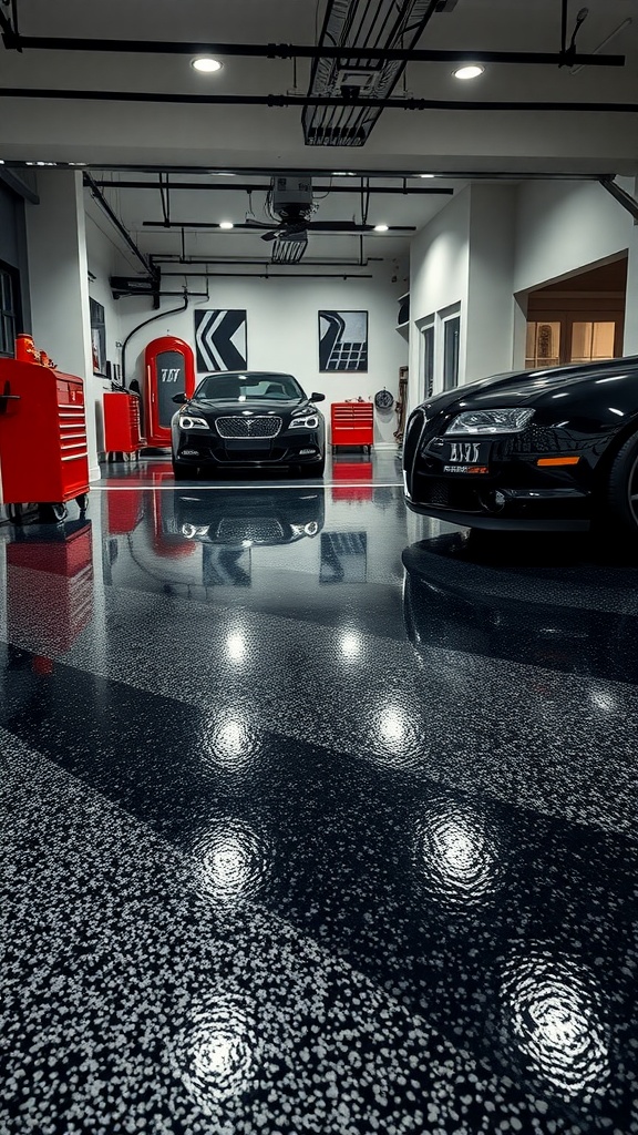 A modern garage showcasing a shiny black epoxy floor with white speckles and two luxury cars.
