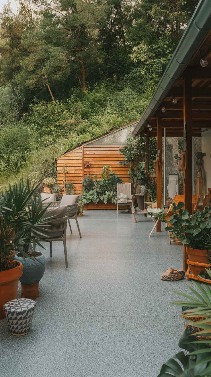 A beautifully designed outdoor patio with plants and furniture, showcasing durable epoxy flooring.