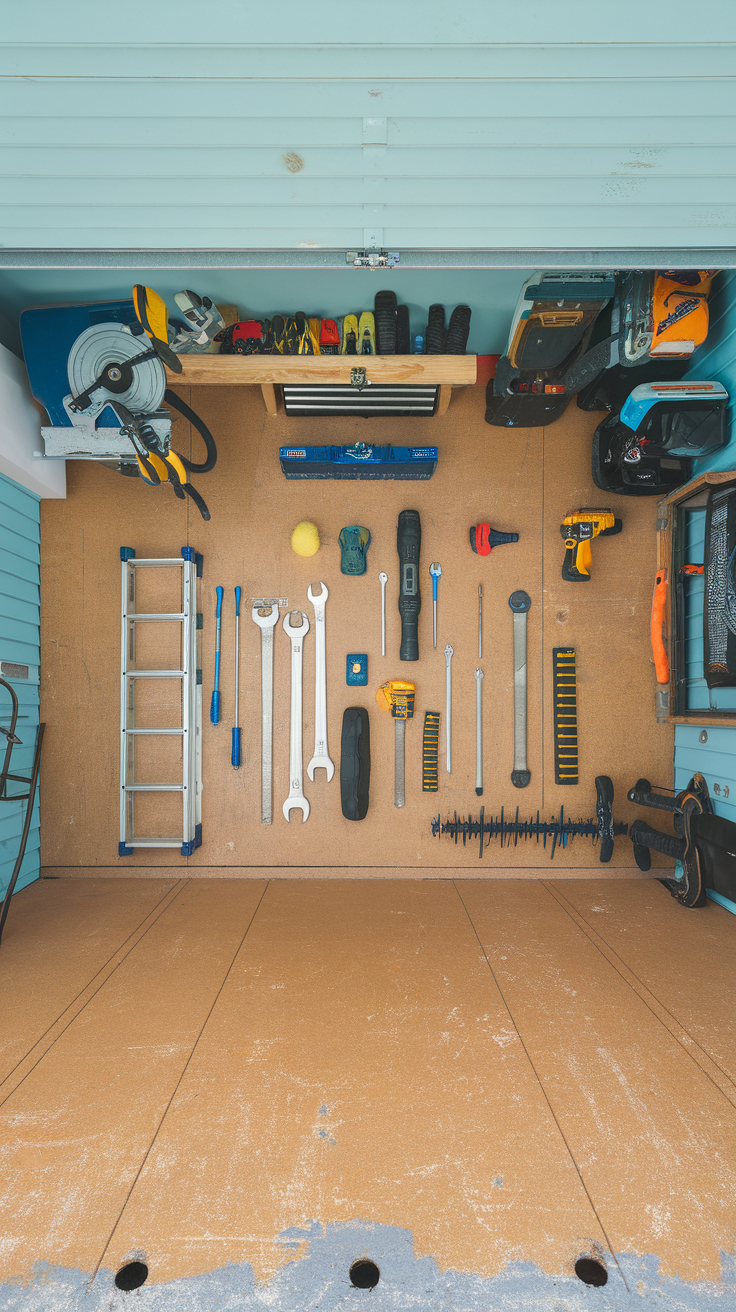 An organized garage with various tools neatly arranged on the floor.