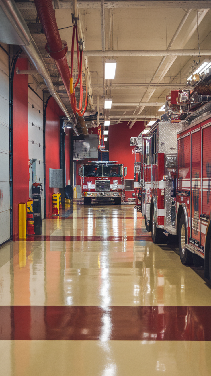 Interior of a fire station with epoxy coated floors and fire trucks.