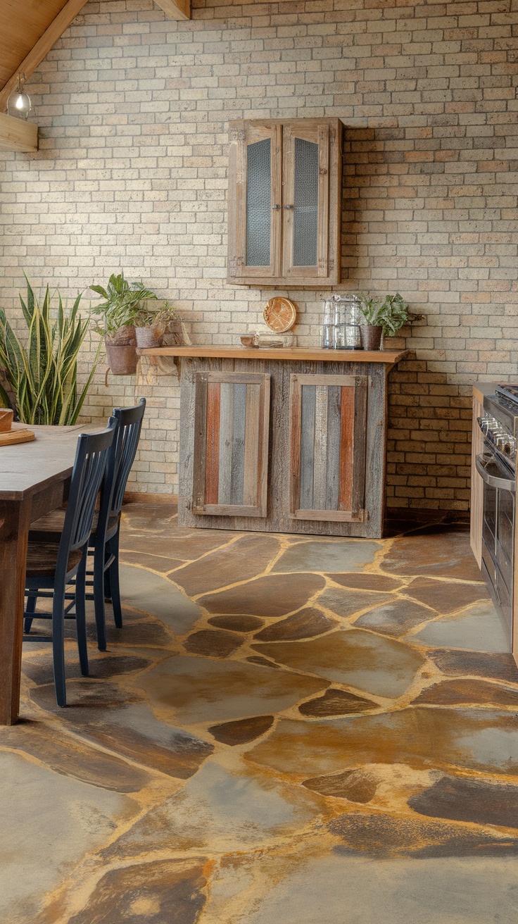 Interior view of a barndominium kitchen with a stone-look epoxy floor, wooden cabinets, and a rustic dining table.