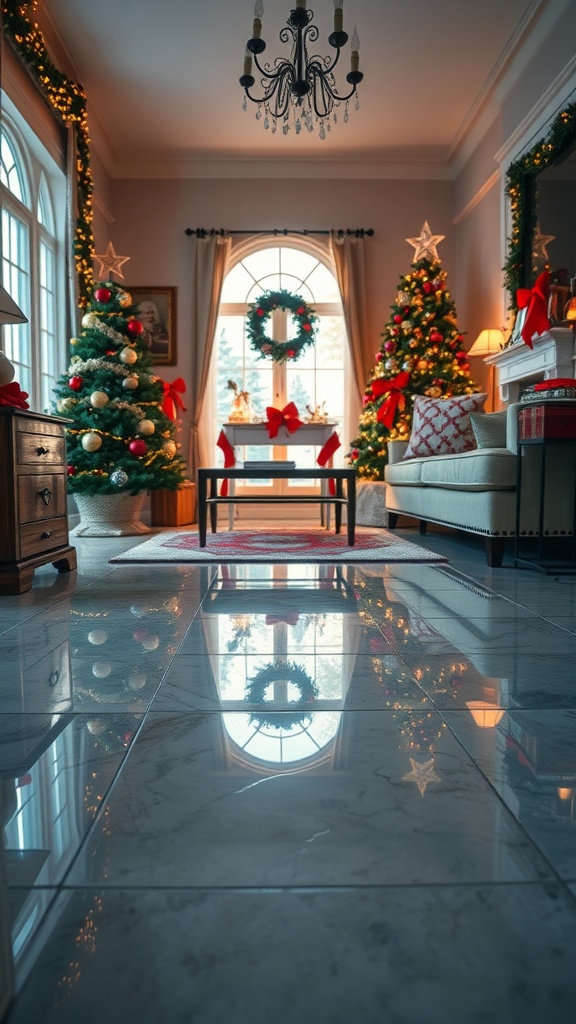 Festively decorated living room with Christmas trees and glossy epoxy floors.