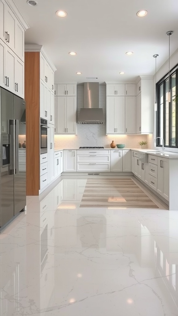 A modern kitchen featuring glossy epoxy floors with a marble pattern, reflecting light and enhancing the cozy luxury feel.