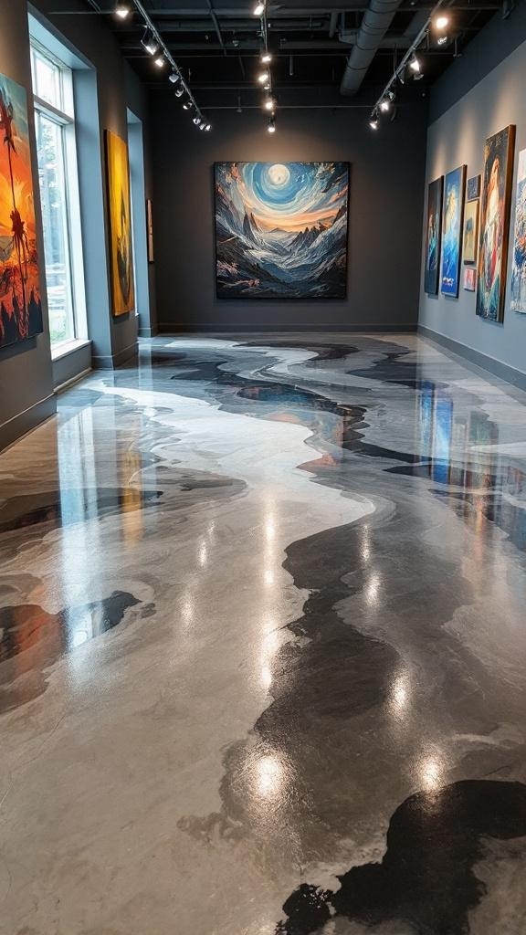 A gallery with dynamic 3D epoxy flooring, showcasing colorful designs and artwork on the walls.