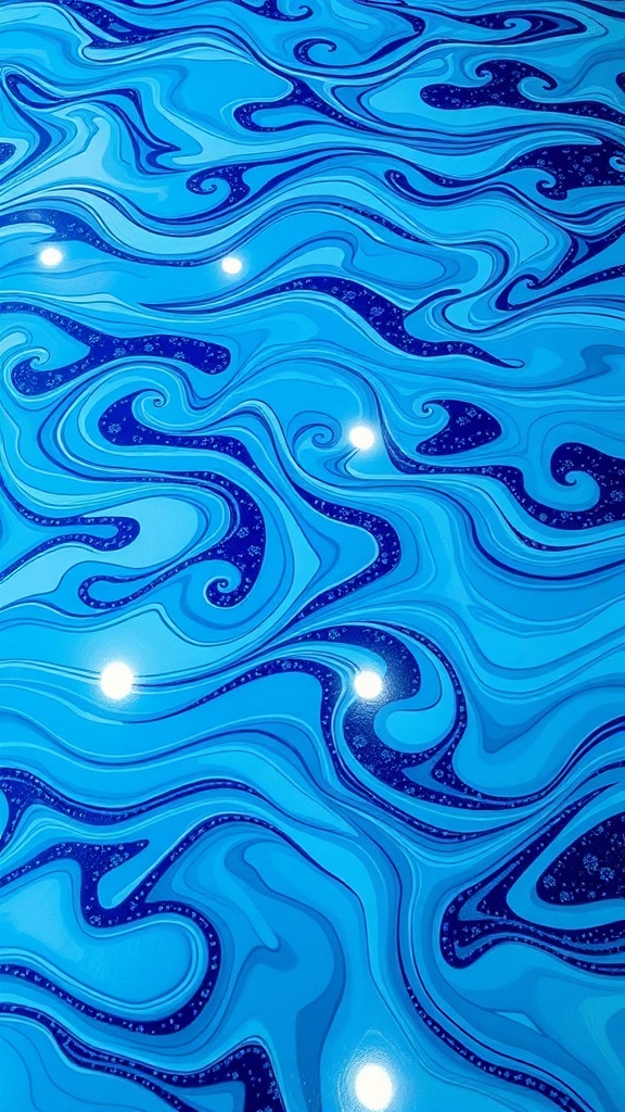 A dynamic 3D wave pattern in shades of blue on an epoxy floor.