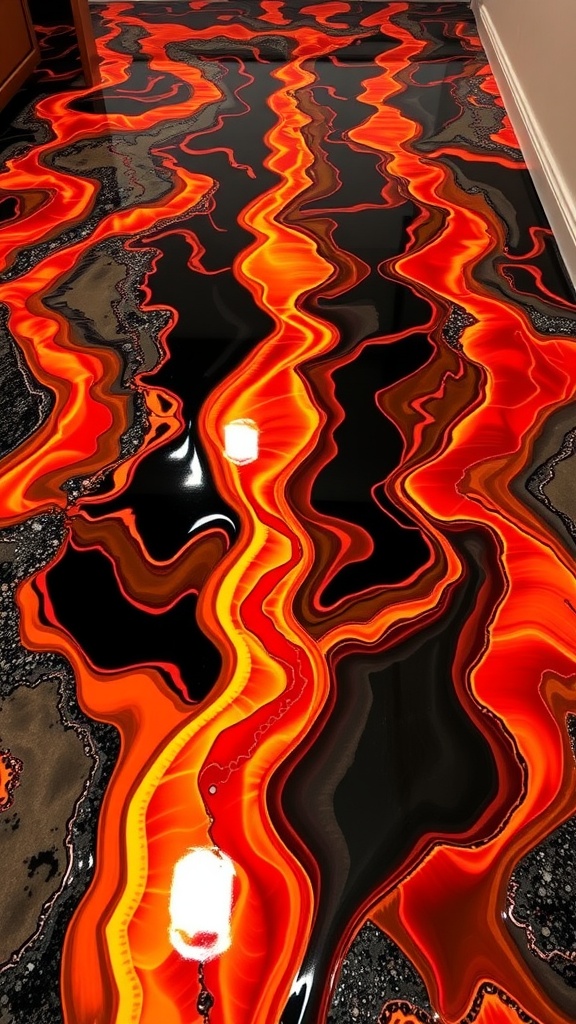 Epoxy floor design featuring a dynamic lava flow effect with black and red patterns.